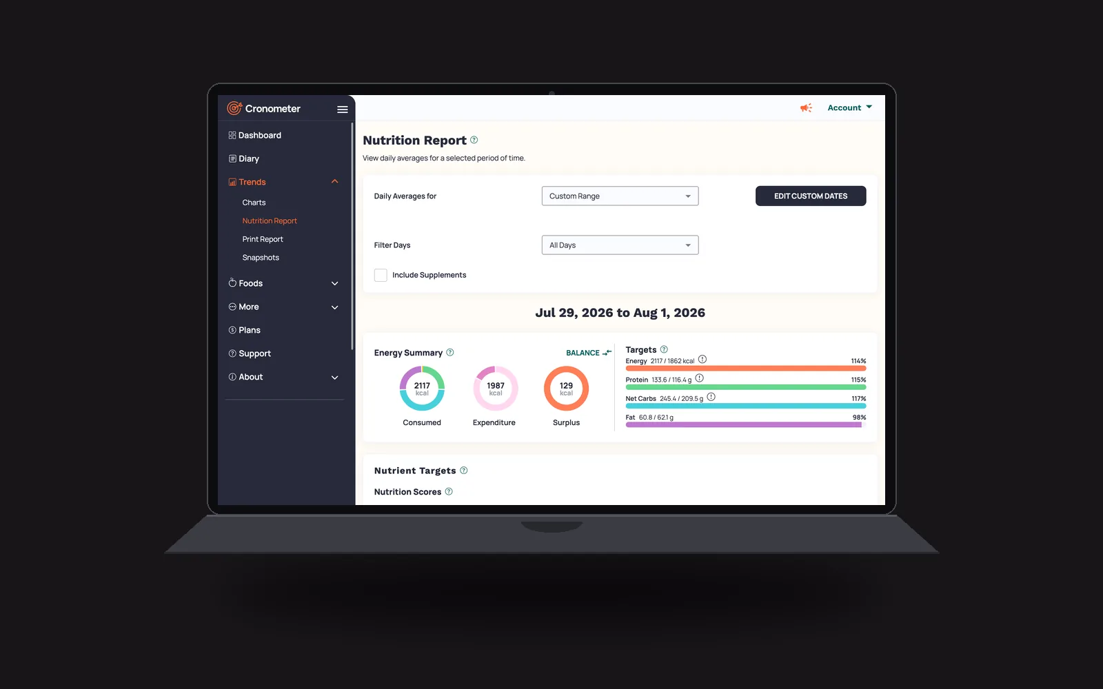 Cronometer nutrition report shown on a laptop